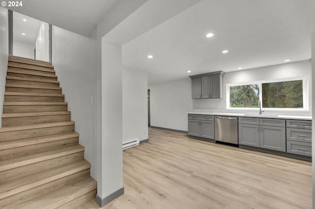 kitchen featuring gray cabinetry, dishwasher, sink, a baseboard heating unit, and light wood-type flooring