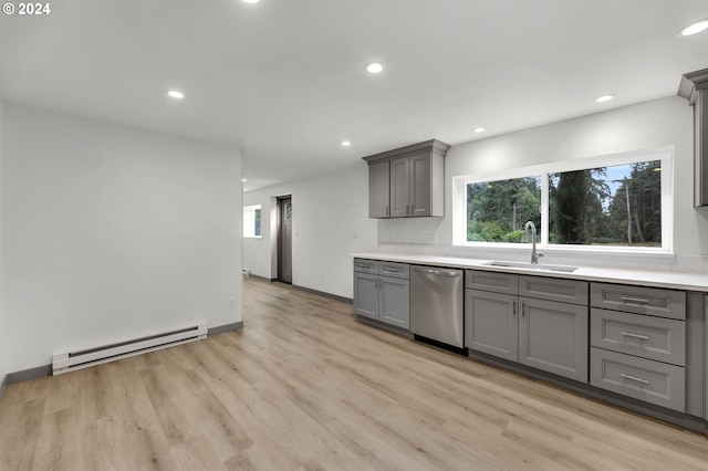 kitchen with light wood-type flooring, sink, a baseboard heating unit, stainless steel dishwasher, and gray cabinetry