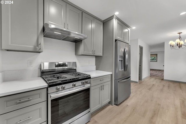 kitchen with light wood-type flooring, appliances with stainless steel finishes, a chandelier, and gray cabinets