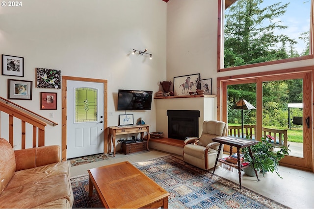 living room featuring a towering ceiling