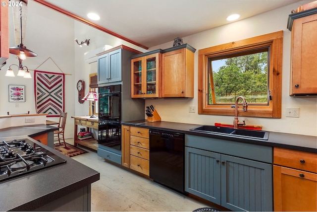 kitchen with sink, gray cabinets, hanging light fixtures, and black appliances