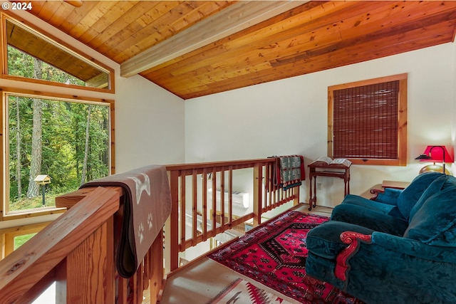 interior space with lofted ceiling with beams, a wealth of natural light, and wood ceiling