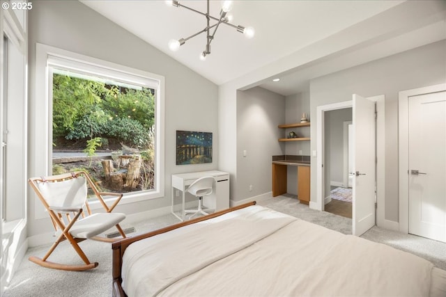 bedroom featuring lofted ceiling, light carpet, and a notable chandelier