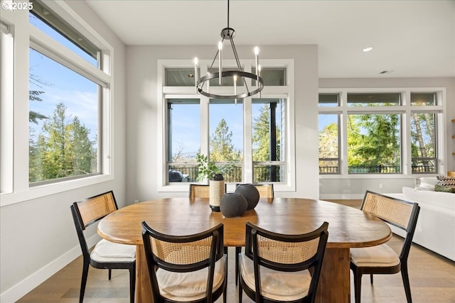 dining room featuring wood-type flooring, a healthy amount of sunlight, and a chandelier