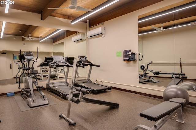 gym featuring ceiling fan, carpet, a wall unit AC, and wood ceiling