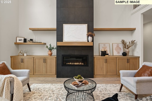 living room featuring a large fireplace and light wood-style flooring