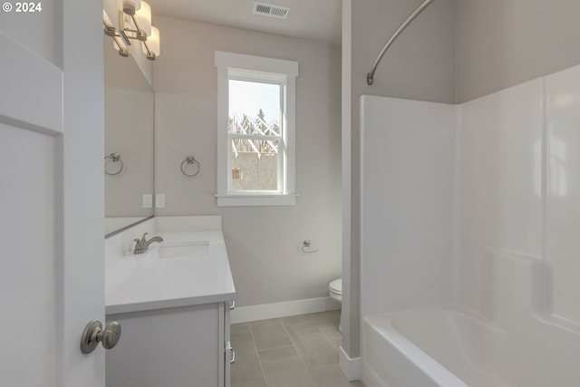 full bathroom with tile patterned flooring, vanity, toilet, and shower / washtub combination