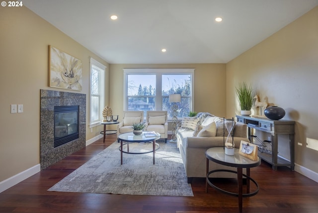 living room featuring dark hardwood / wood-style floors and a fireplace