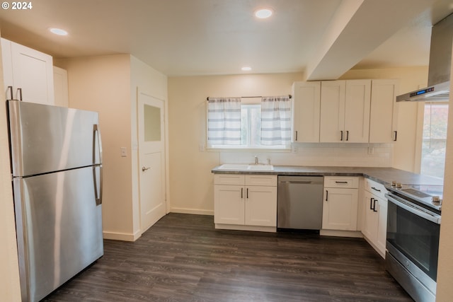 410 N Mountain Blvd, Mount Vernon, OR 97865 - kitchen featuring wall chimney range hood, stainless steel appliances, white cabinetry, and a sink