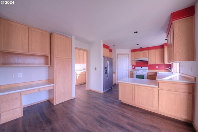 kitchen with dark hardwood / wood-style floors, light brown cabinets, and stainless steel refrigerator with ice dispenser