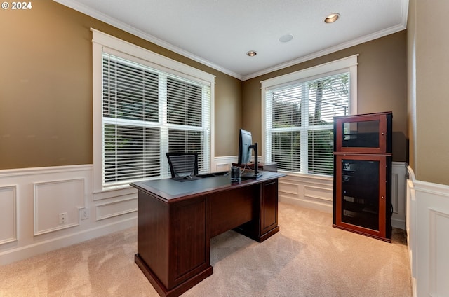 carpeted office with ornamental molding