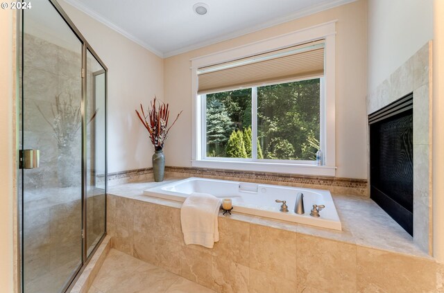 bathroom featuring crown molding and a shower with shower door