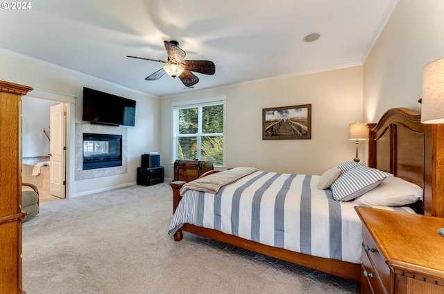 bedroom featuring ceiling fan, light colored carpet, and ornamental molding