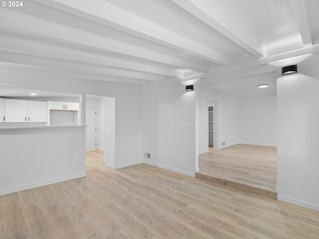 unfurnished living room with light hardwood / wood-style flooring and beamed ceiling