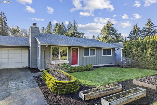 single story home featuring a garage and a front yard