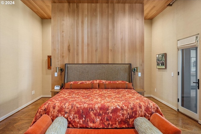 bedroom with wooden ceiling