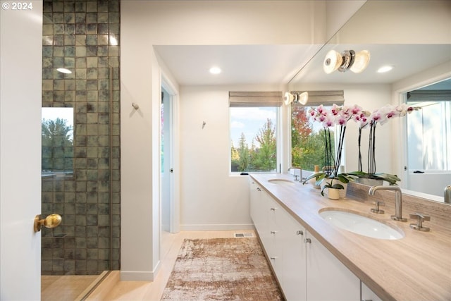 bathroom featuring walk in shower and vanity