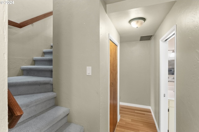 staircase with wood-type flooring