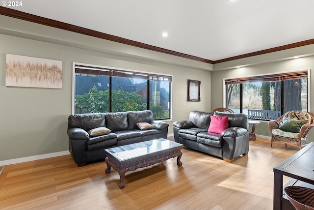 living room with ornamental molding, a wealth of natural light, and light wood-type flooring