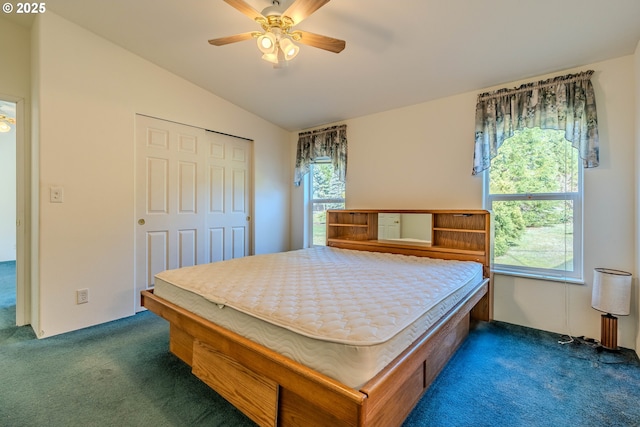 bedroom with lofted ceiling, a closet, ceiling fan, and carpet