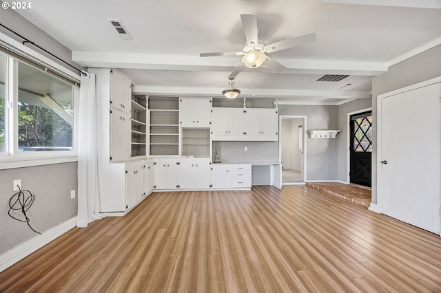 unfurnished living room featuring beamed ceiling, light hardwood / wood-style flooring, and ceiling fan