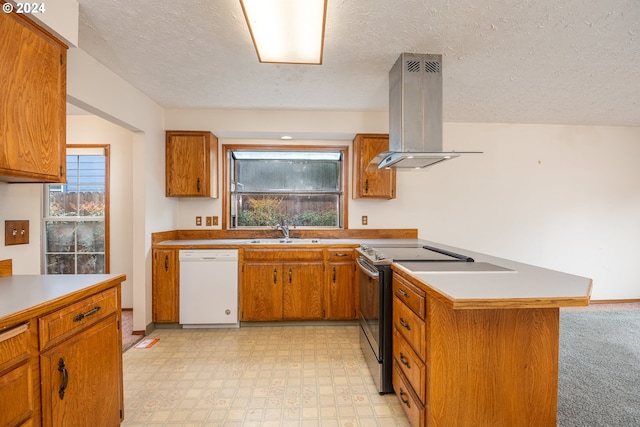 kitchen featuring dishwasher, island range hood, stainless steel electric range, and a healthy amount of sunlight