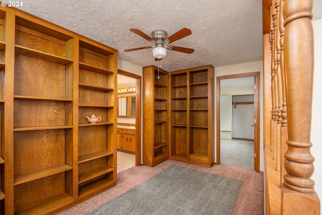 spacious closet featuring ceiling fan and light colored carpet