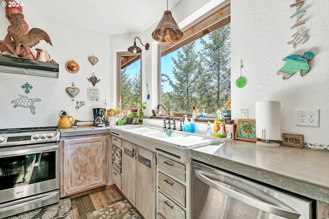 kitchen with appliances with stainless steel finishes, decorative light fixtures, light brown cabinets, dark hardwood / wood-style floors, and range hood