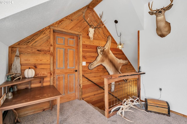 details with a textured ceiling, carpet flooring, and wooden walls