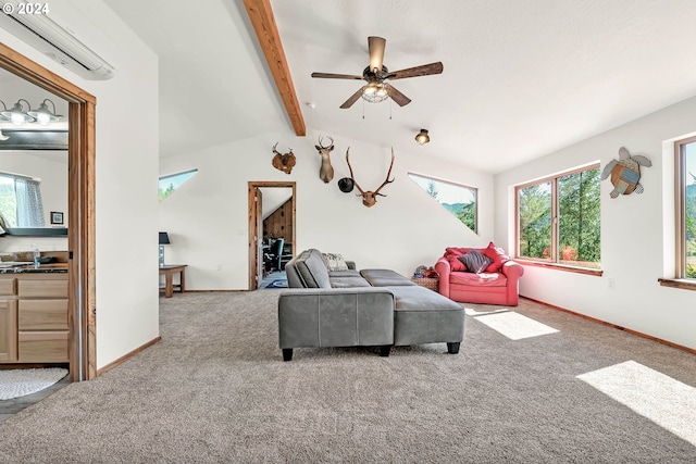 carpeted living room featuring ceiling fan and vaulted ceiling with beams