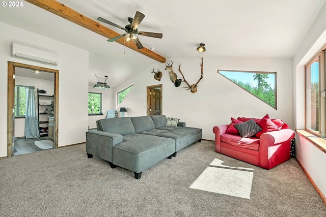 carpeted living room featuring lofted ceiling with beams and an AC wall unit