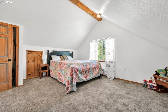 carpeted bedroom featuring a textured ceiling and lofted ceiling with beams