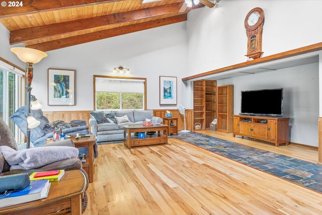 living room featuring wood ceiling, light hardwood / wood-style flooring, high vaulted ceiling, and beam ceiling