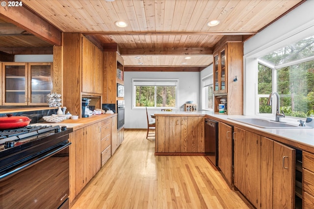 kitchen with sink, light hardwood / wood-style flooring, wood ceiling, kitchen peninsula, and black appliances