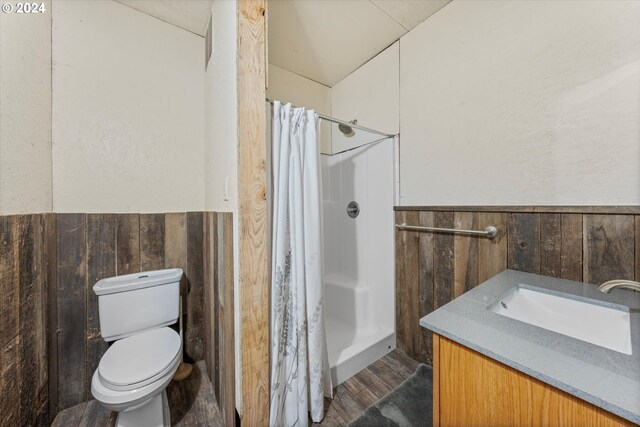 bathroom featuring wood-type flooring, toilet, vanity, and a shower with shower curtain