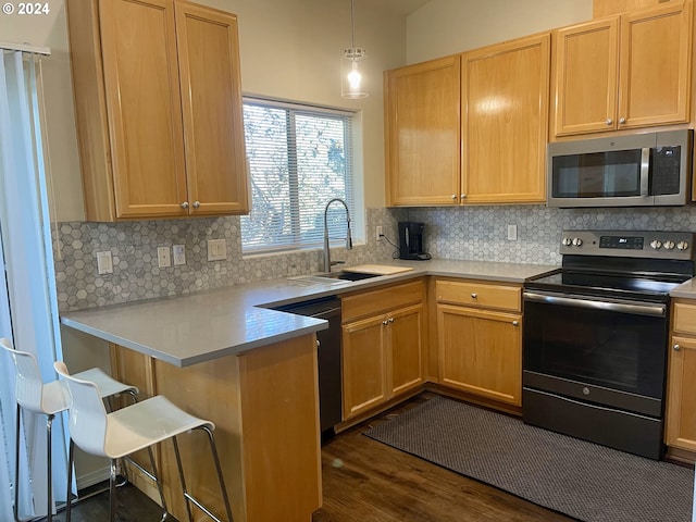 kitchen featuring sink, dark hardwood / wood-style floors, decorative light fixtures, decorative backsplash, and appliances with stainless steel finishes