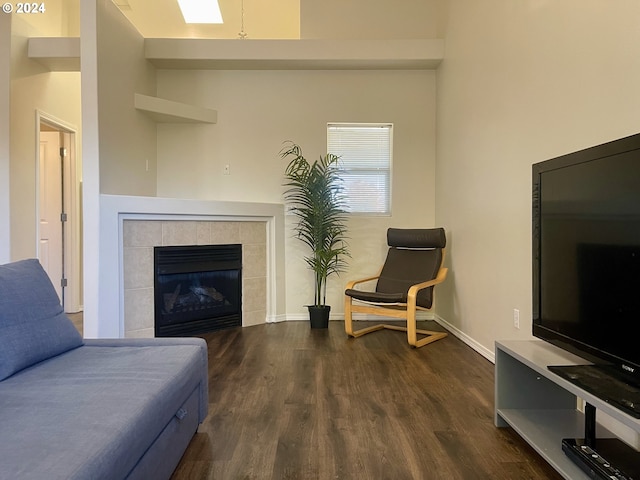 living room with a fireplace, a high ceiling, and dark hardwood / wood-style flooring