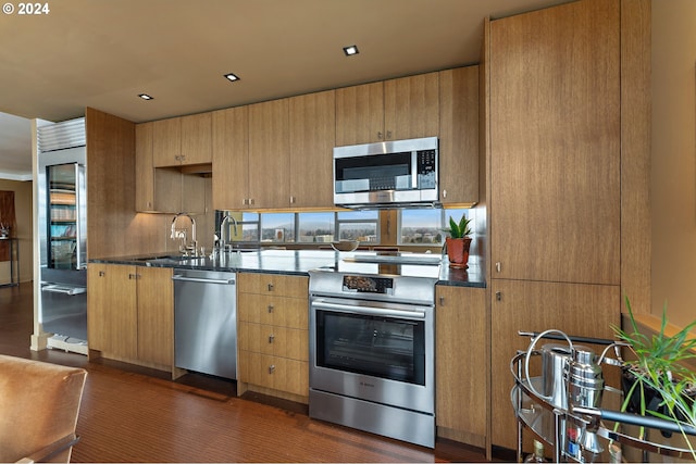 kitchen with sink, dark wood-type flooring, and appliances with stainless steel finishes