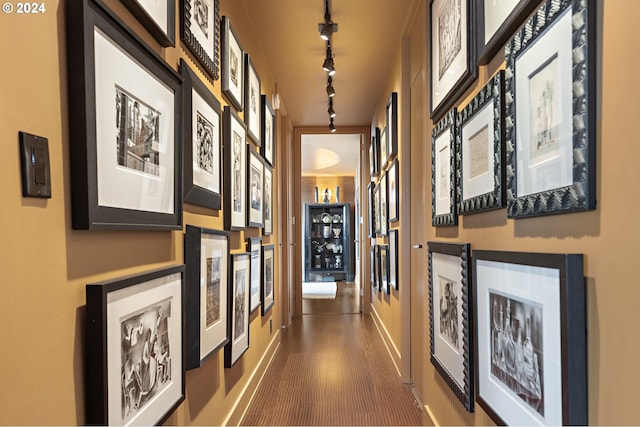 hallway with dark wood-type flooring and track lighting