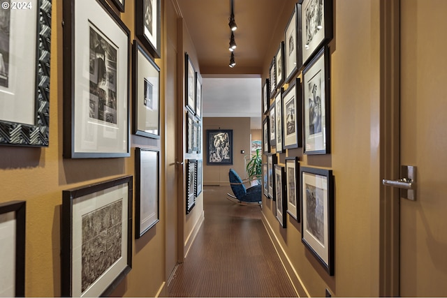 corridor featuring track lighting and ornamental molding