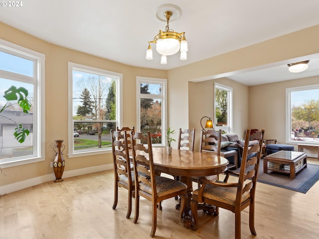 dining area featuring baseboards, a healthy amount of sunlight, and light wood-style flooring