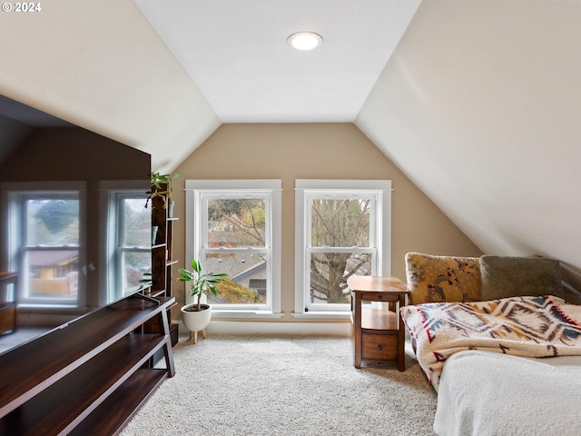 carpeted bedroom with lofted ceiling