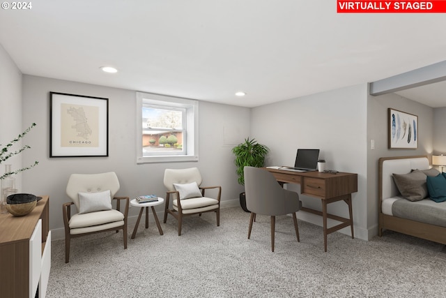 carpeted office featuring recessed lighting and baseboards