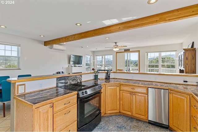 kitchen featuring electric range, a wall mounted air conditioner, beamed ceiling, and recessed lighting
