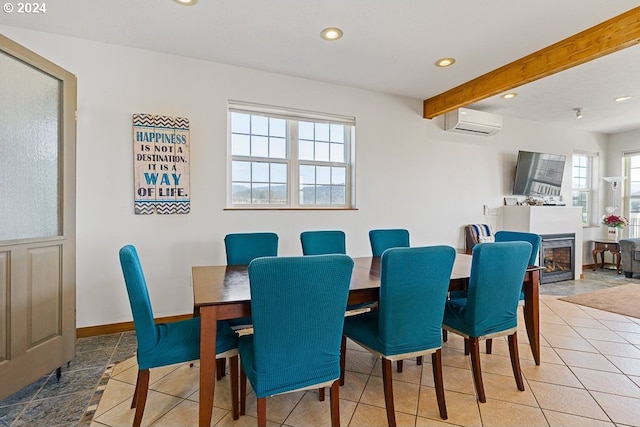 tiled dining room with a wall mounted air conditioner, recessed lighting, beamed ceiling, and a healthy amount of sunlight