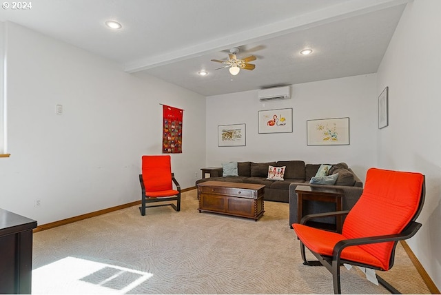 carpeted living area featuring ceiling fan, a wall mounted air conditioner, baseboards, and recessed lighting