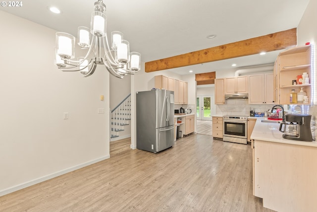 kitchen with light brown cabinets, stainless steel appliances, light hardwood / wood-style floors, and beam ceiling