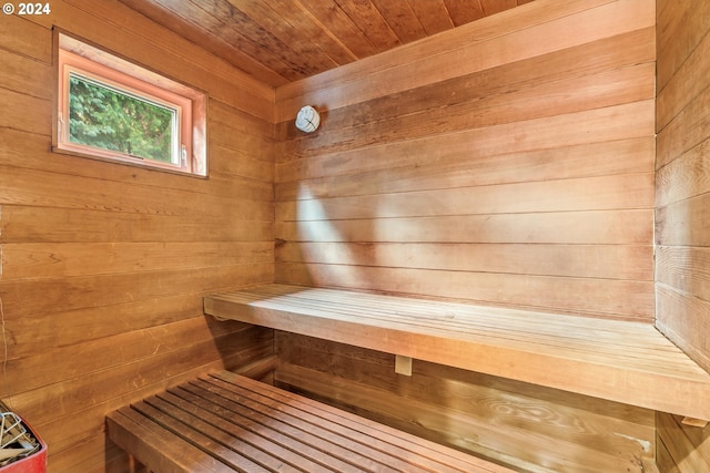 view of sauna / steam room featuring wooden walls and wooden ceiling