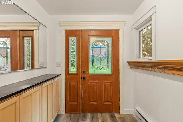 entryway with plenty of natural light, a baseboard radiator, and dark hardwood / wood-style flooring