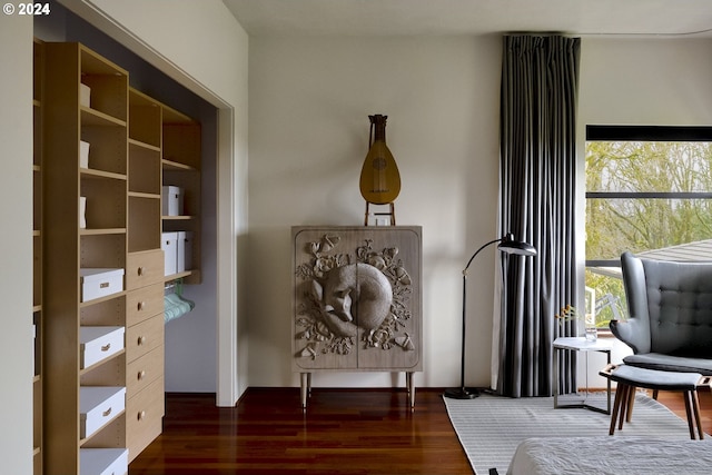 sitting room with dark hardwood / wood-style flooring